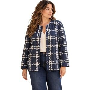 Pendleton Silk Jacket Womens 24W Blue White Plaid Collarless Plus Size Blazer